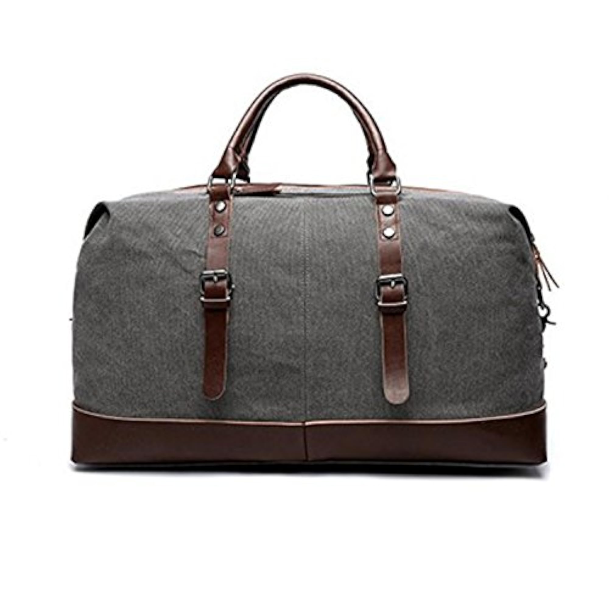 Classic Large Grey Canvas Genuine Leather Trim Travel Tote